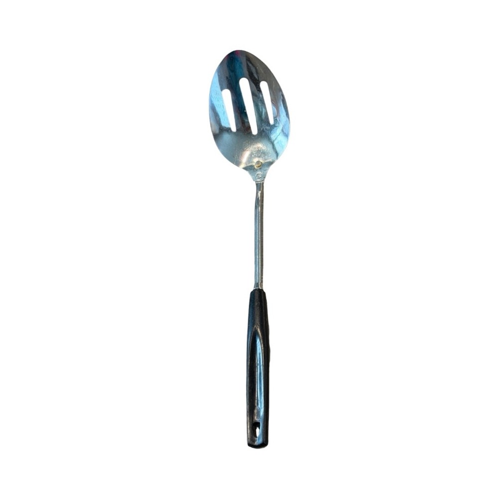 Vintage EKCO Slotted Spoon Chromium Plated Black Handle USA Made Retro Kitchen